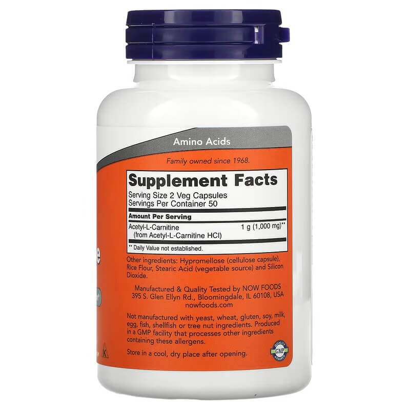 NOW Foods Acetyl-L-Carnitine 500 mg، 100 كبسولة نباتية