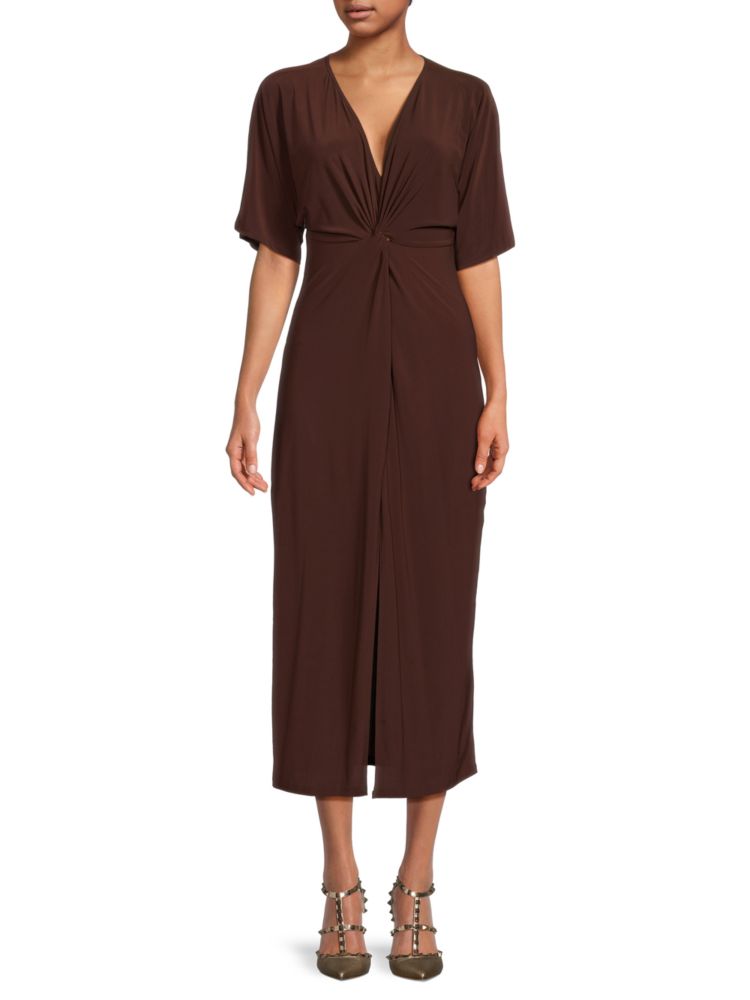 Tash+Sophie Swirl Front Midi Dress in Chocolate