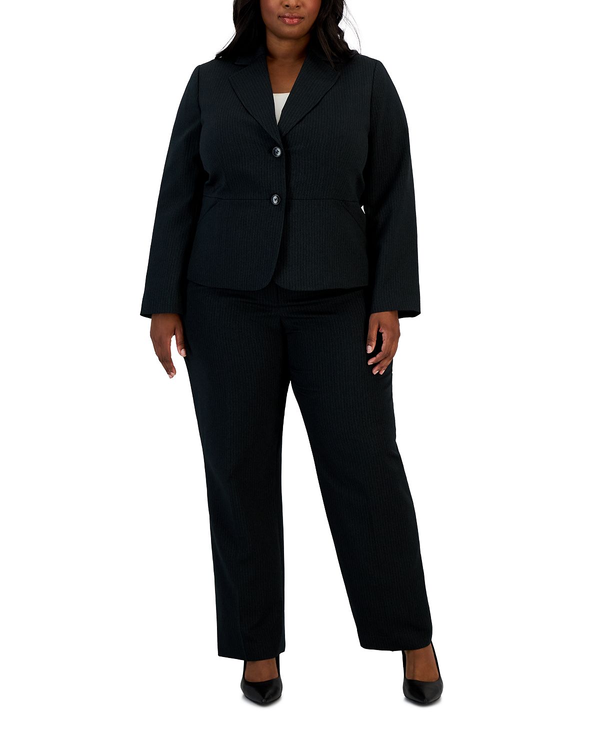 Plus Size Le Suit Pinstripe Two Button Pantsuit, Black