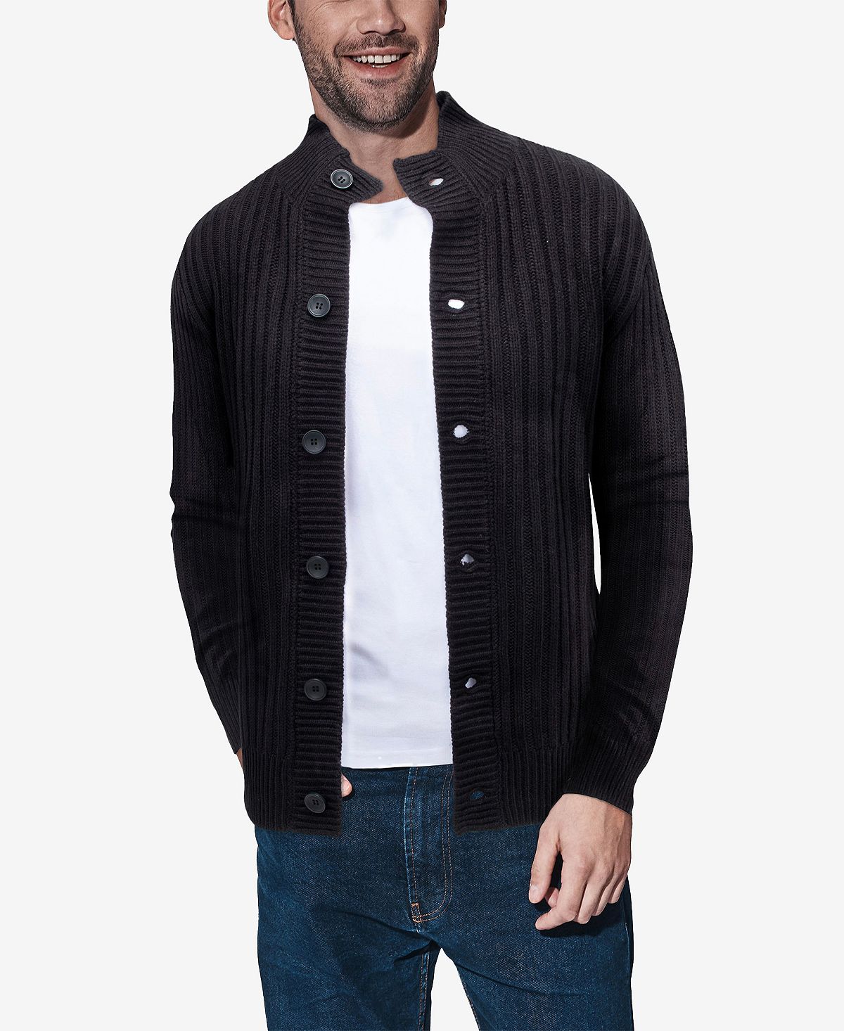 X-Ray Men's Rib Knit Cardigan with Stand Collar Button Down, Black