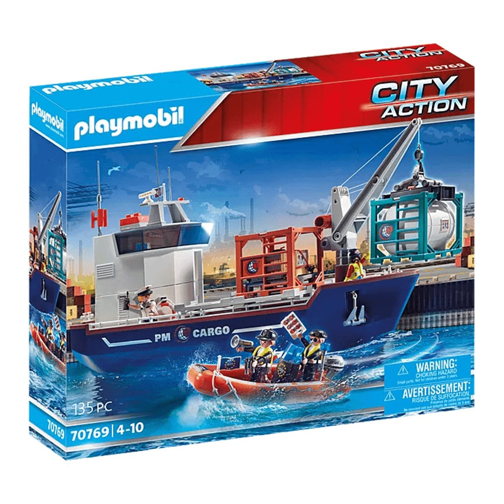 Construction set Playmobil 70769 Large container ship with a customs officer's boat