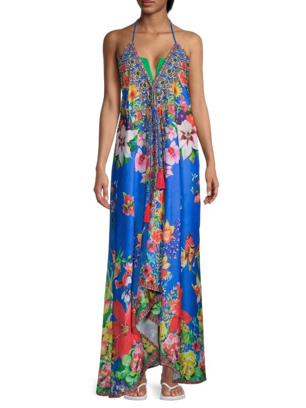 Ranee's Floral Halter Maxi Dress, Light Blue