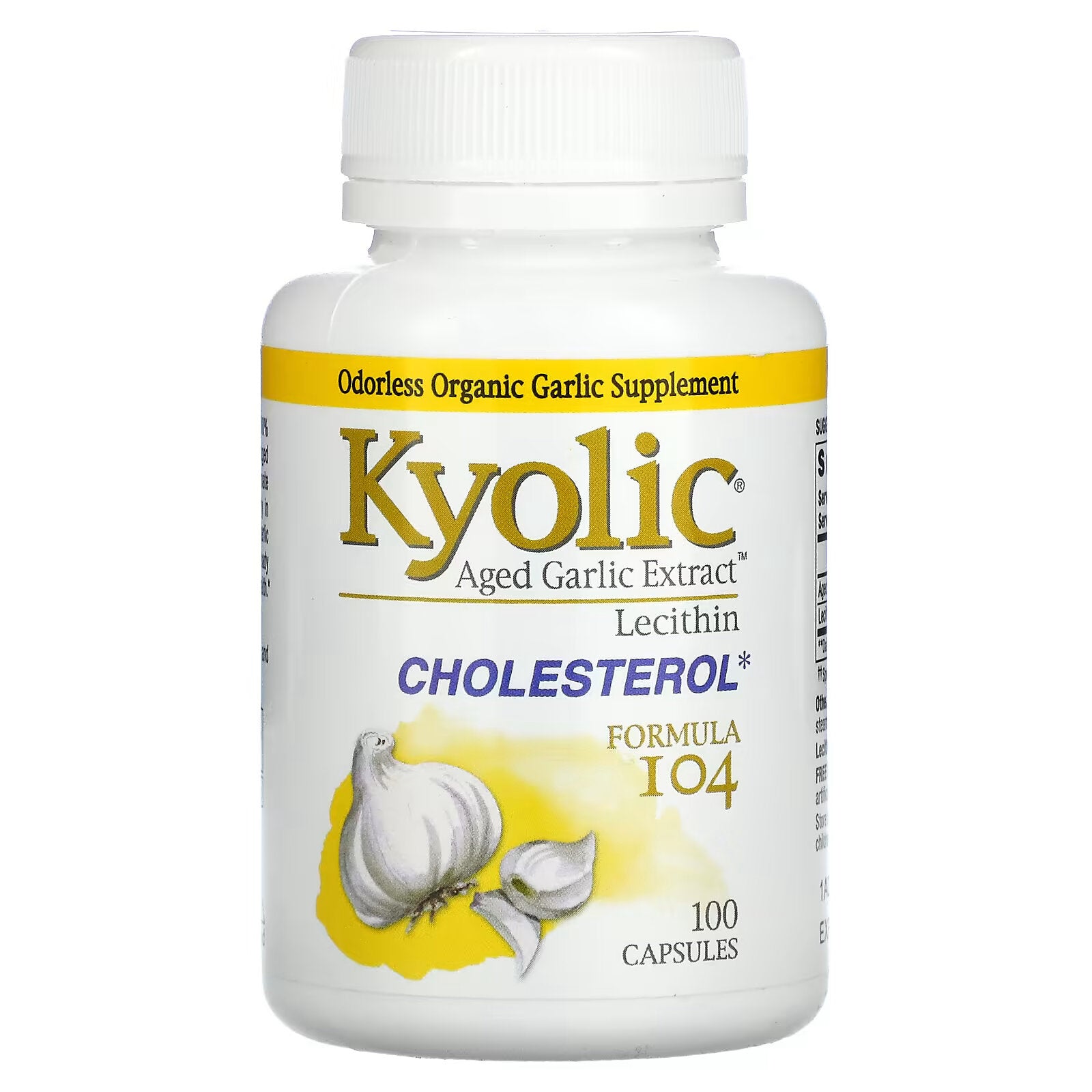 Kyolic, Aged Garlic Extract, garlic extract with lecithin composition 104 for lowering cholesterol levels, 100 capsules