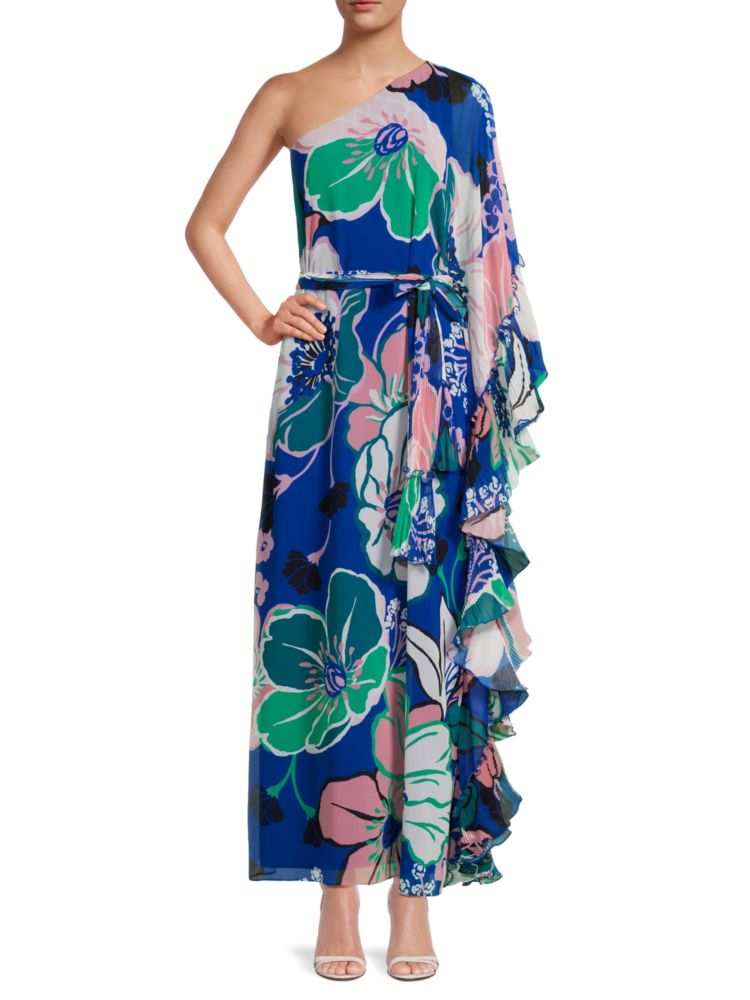 Whitney Ungaro One Shoulder Floral Maxi Dress in Blue Multicolor