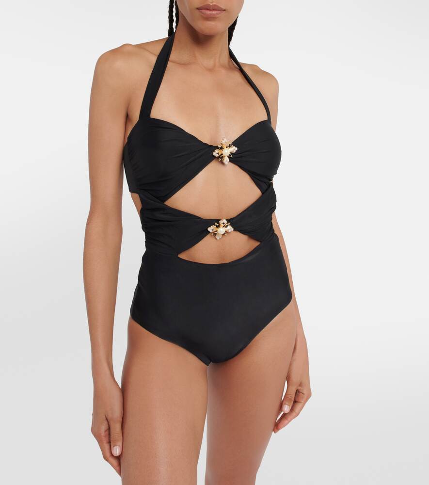 SELF-PORTRAIT embellished halterneck swimsuit, black