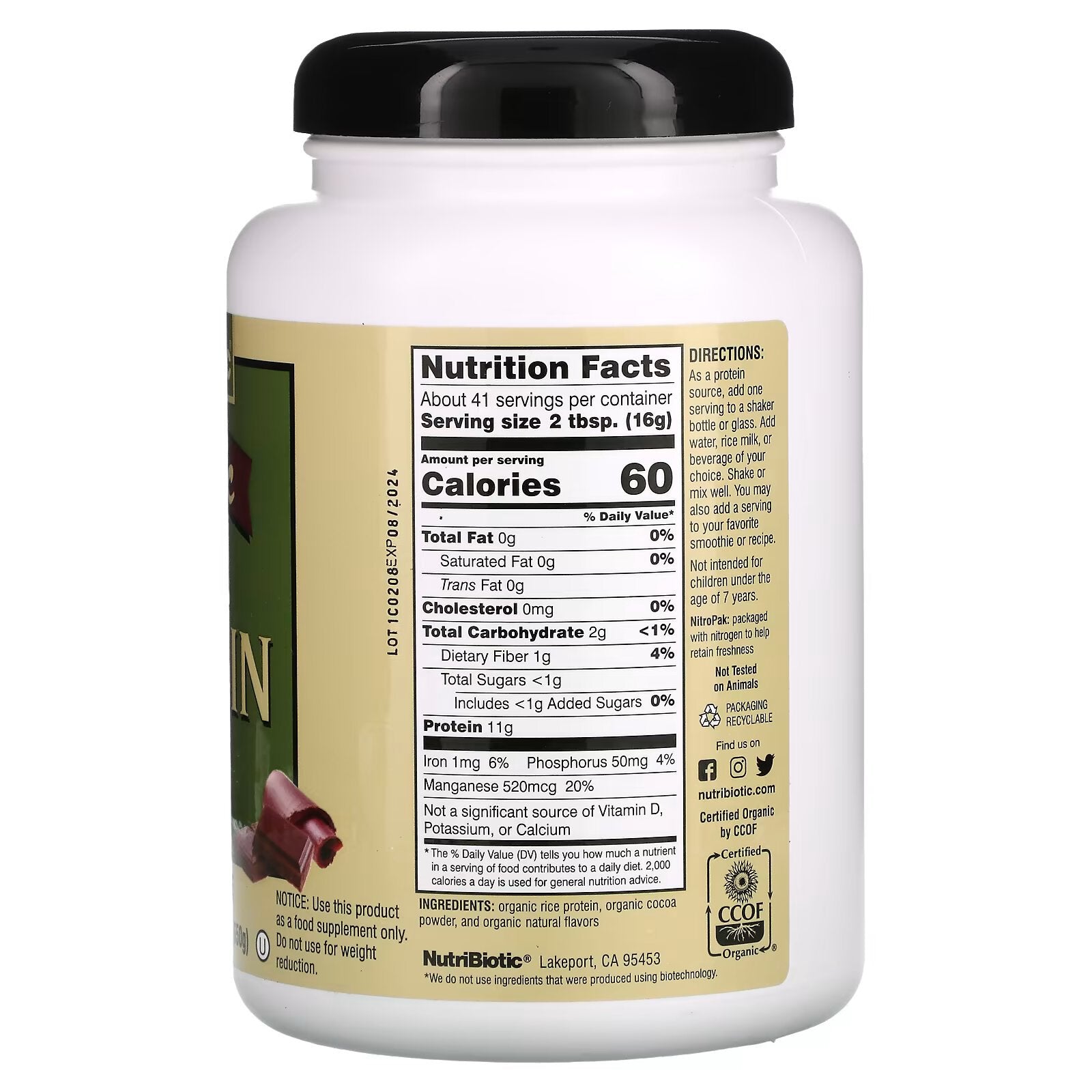 NutriBiotic, Organic Unprocessed Rice Protein, Chocolate, 6.9 oz (650 g)