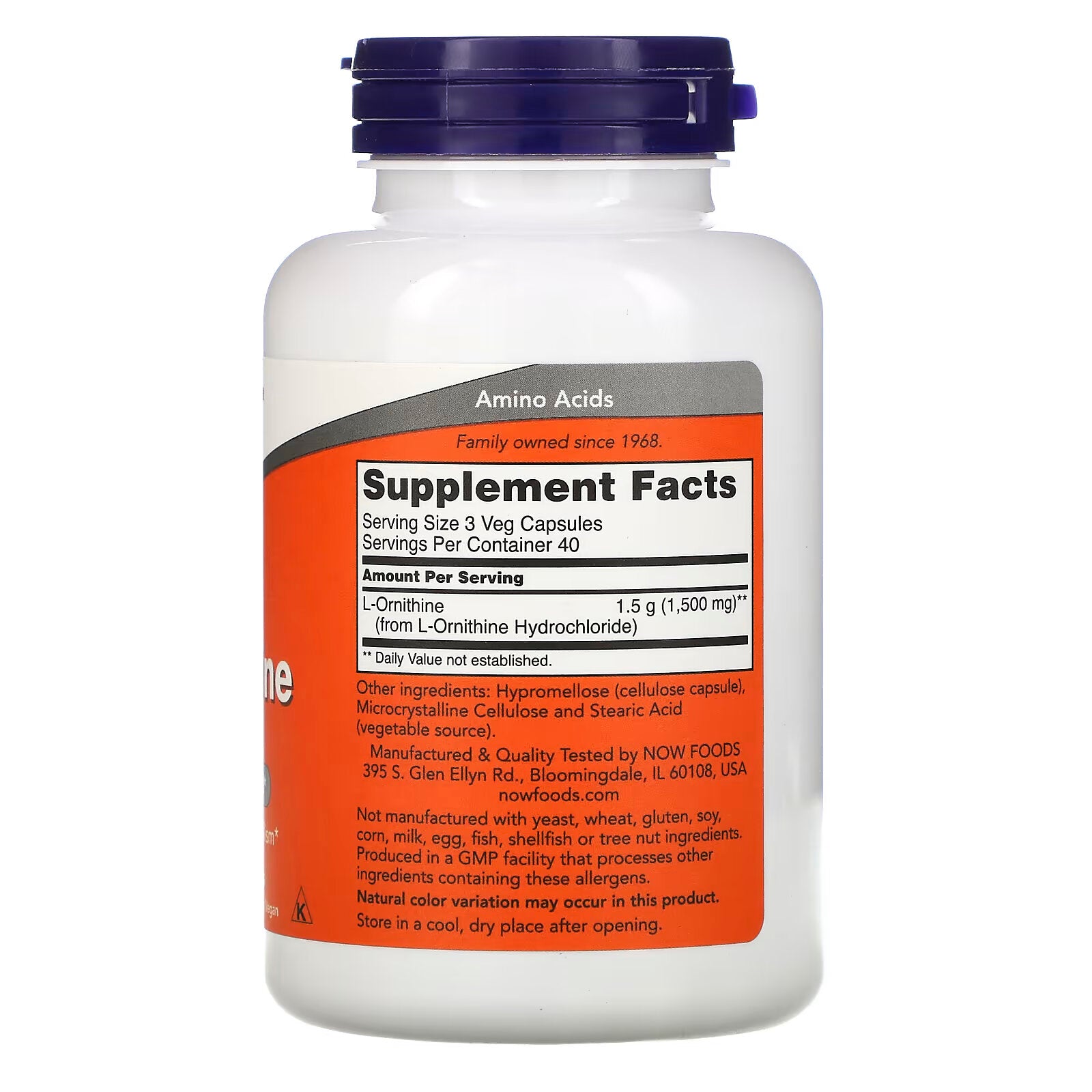 NOW Foods L-ornithine 500 mg، 120 كبسولة نباتية