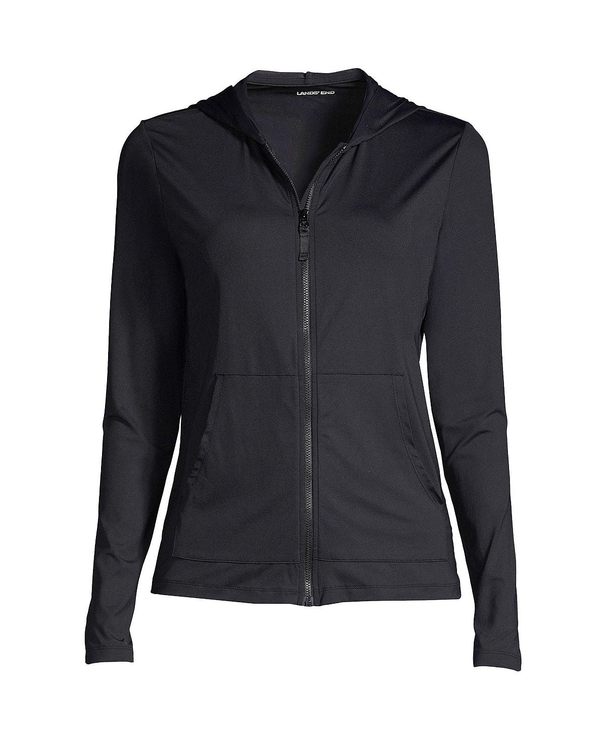 Women's rash guard with hood, zipper and long sleeves, UPF 50 Lands' End sun pockets, black