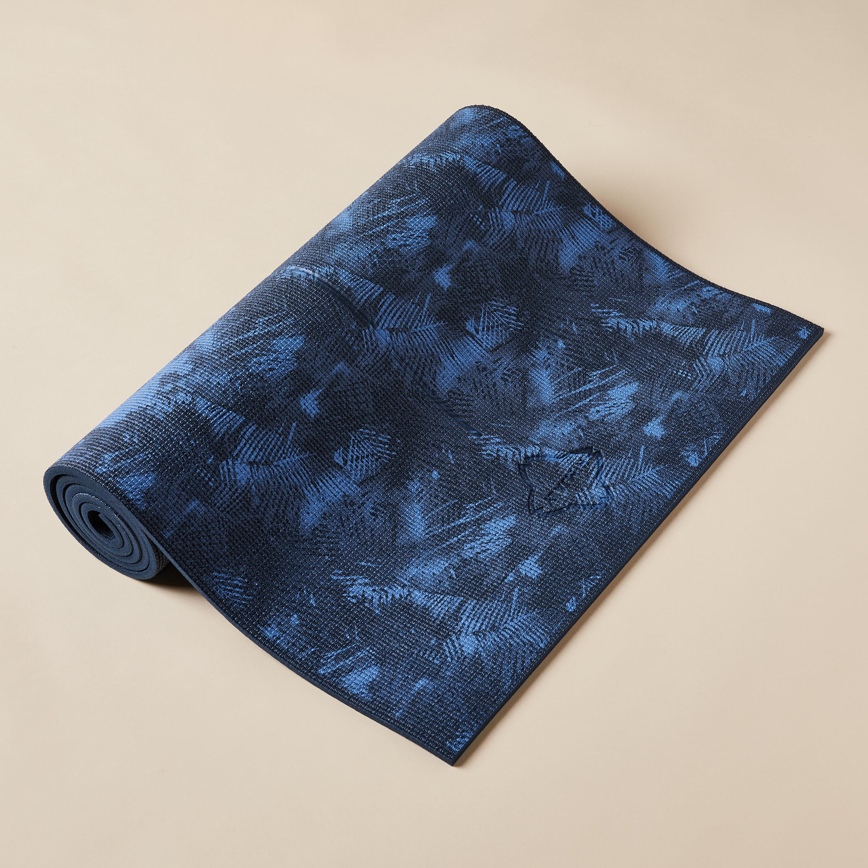 Yoga mat comfort 173 cm × 61 cm × 8 mm - dark blue palm trees KIMJALY, blue