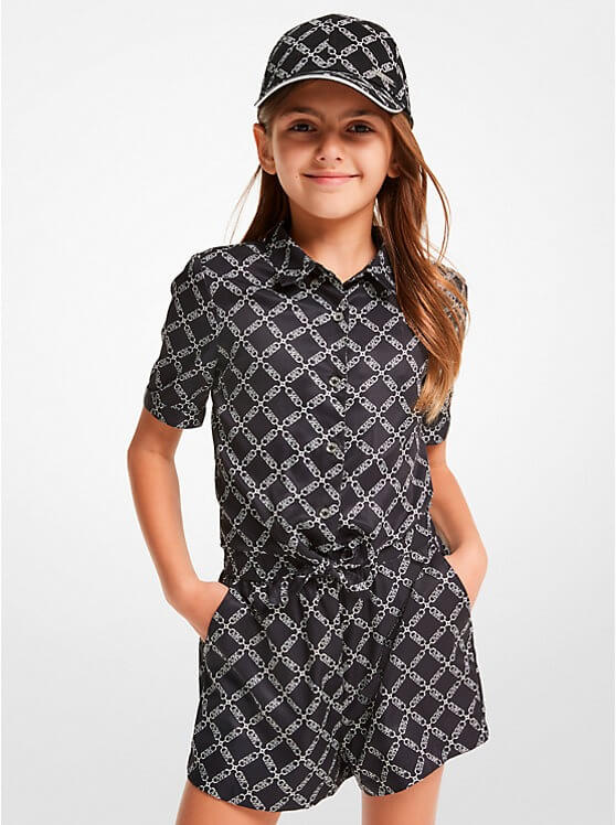 Michael Kors Kids Empire Logo Print Woven Tie-Front Blouse, Black