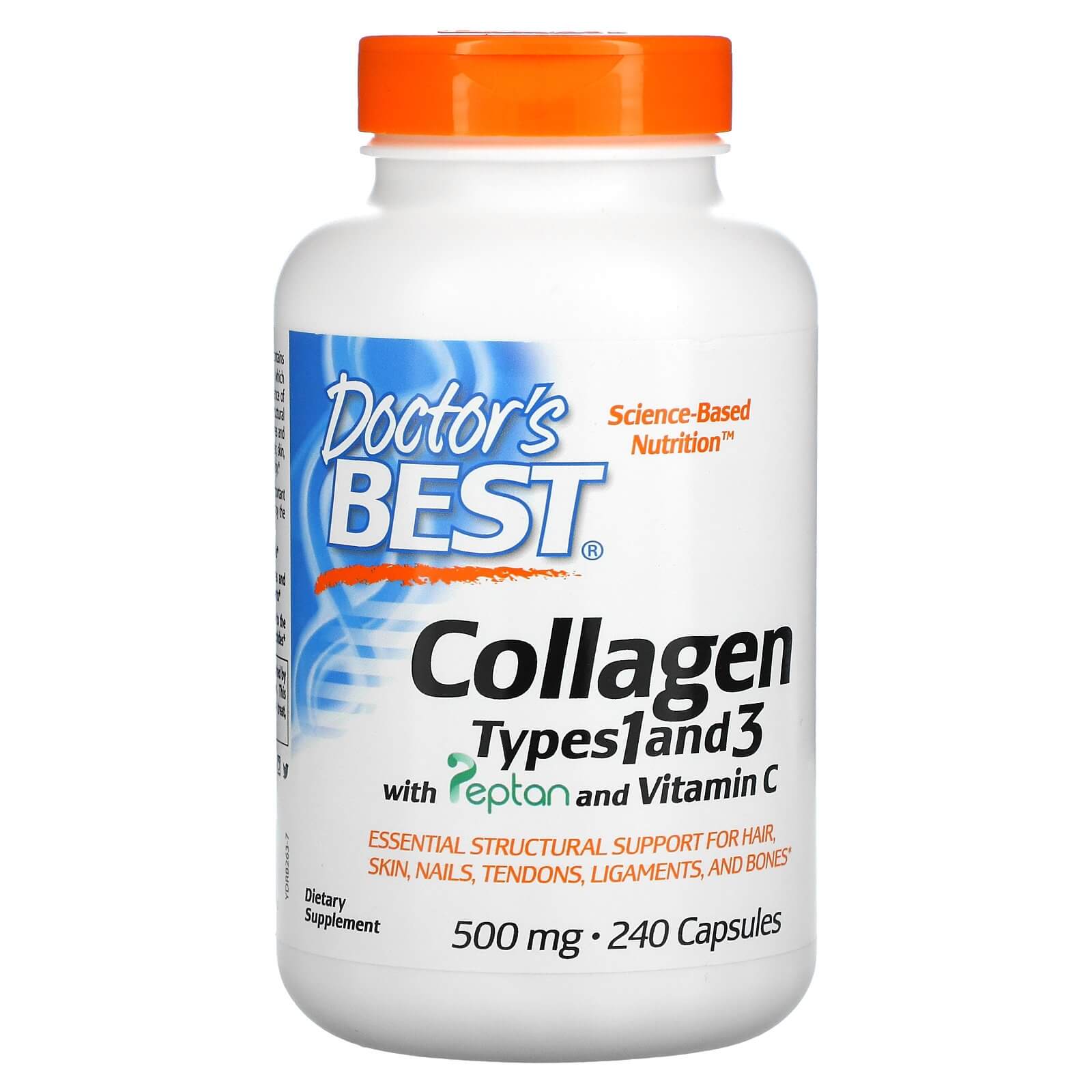 Collagen types 1 and 3 with vitamin C, 500 mg, Doctor's Best, Peptan, 240 capsules