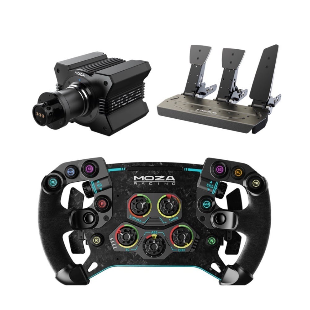 Moza R9 steering wheel, R9 steering wheel base + GS GT V2 steering wheel + 3 SR-P pedals, black