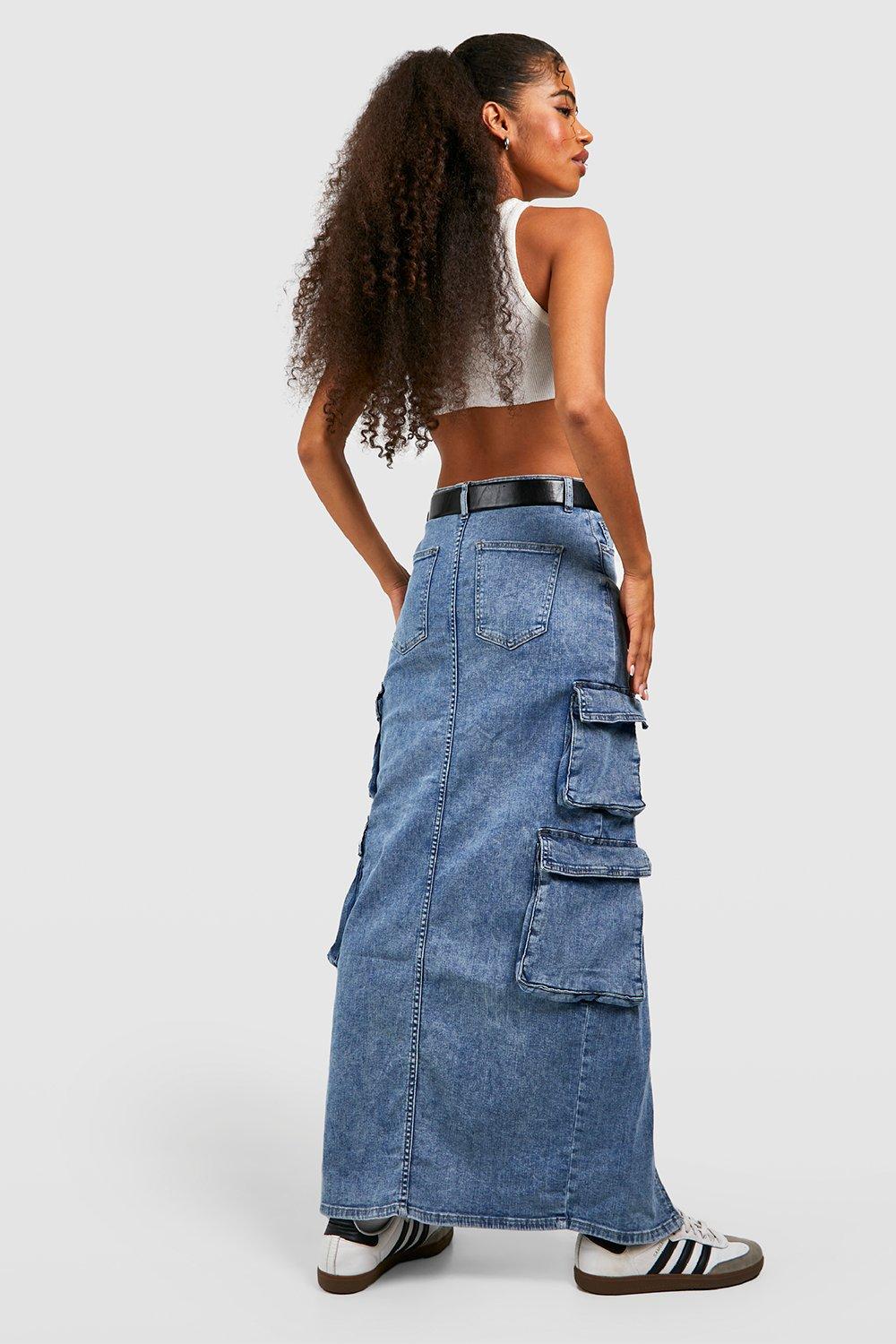 Boohoo Denim Maxi Skirt with Front Split Pockets, Blue