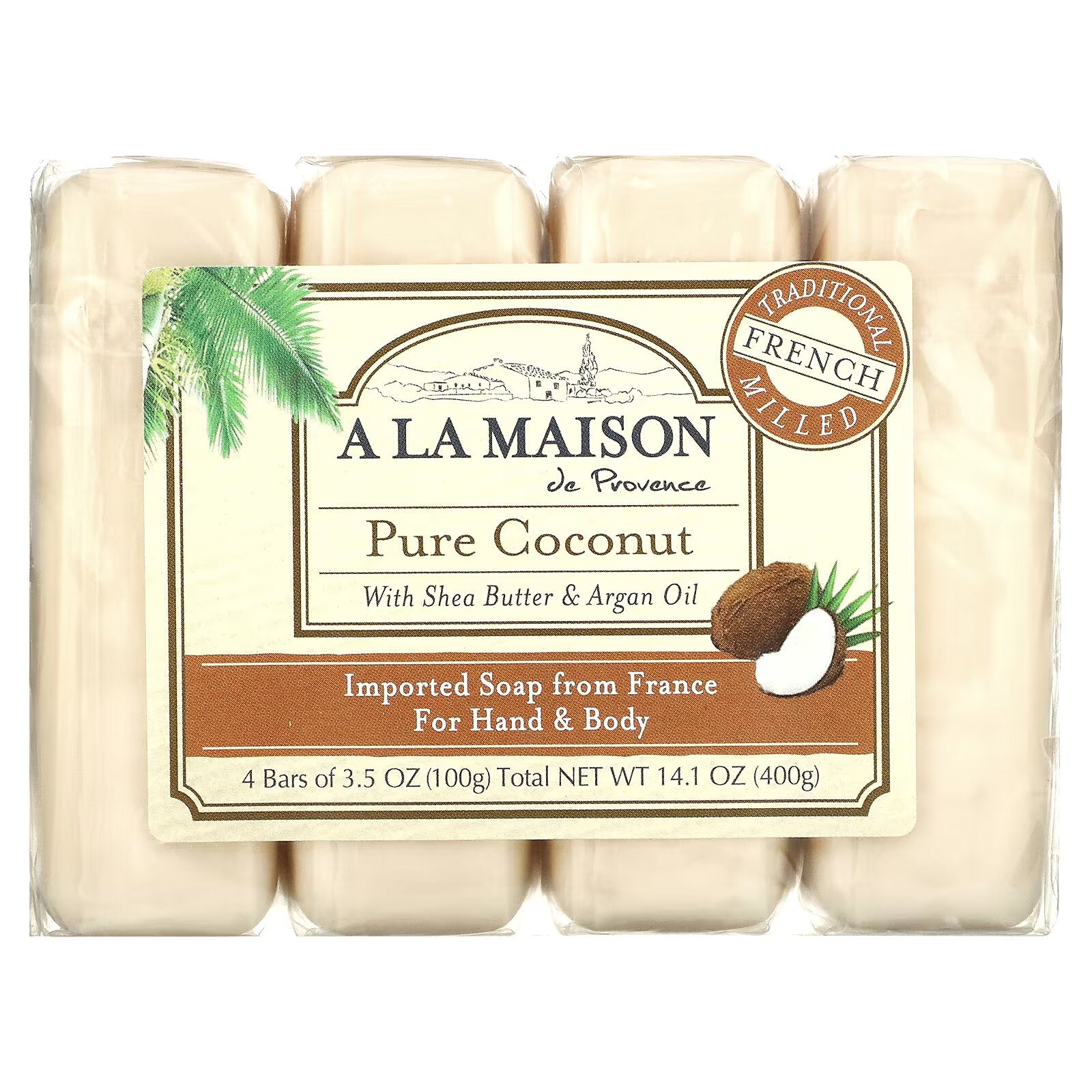 A La Maison de Provence, Hand & Body Soap, Pure Coconut, 4 x 3.5 oz Bars