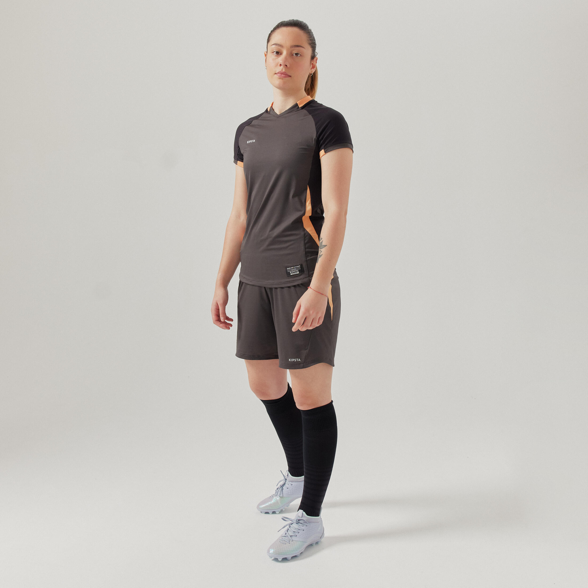 Short women's football shorts black KIPSTA charcoal grey/black/pink orange