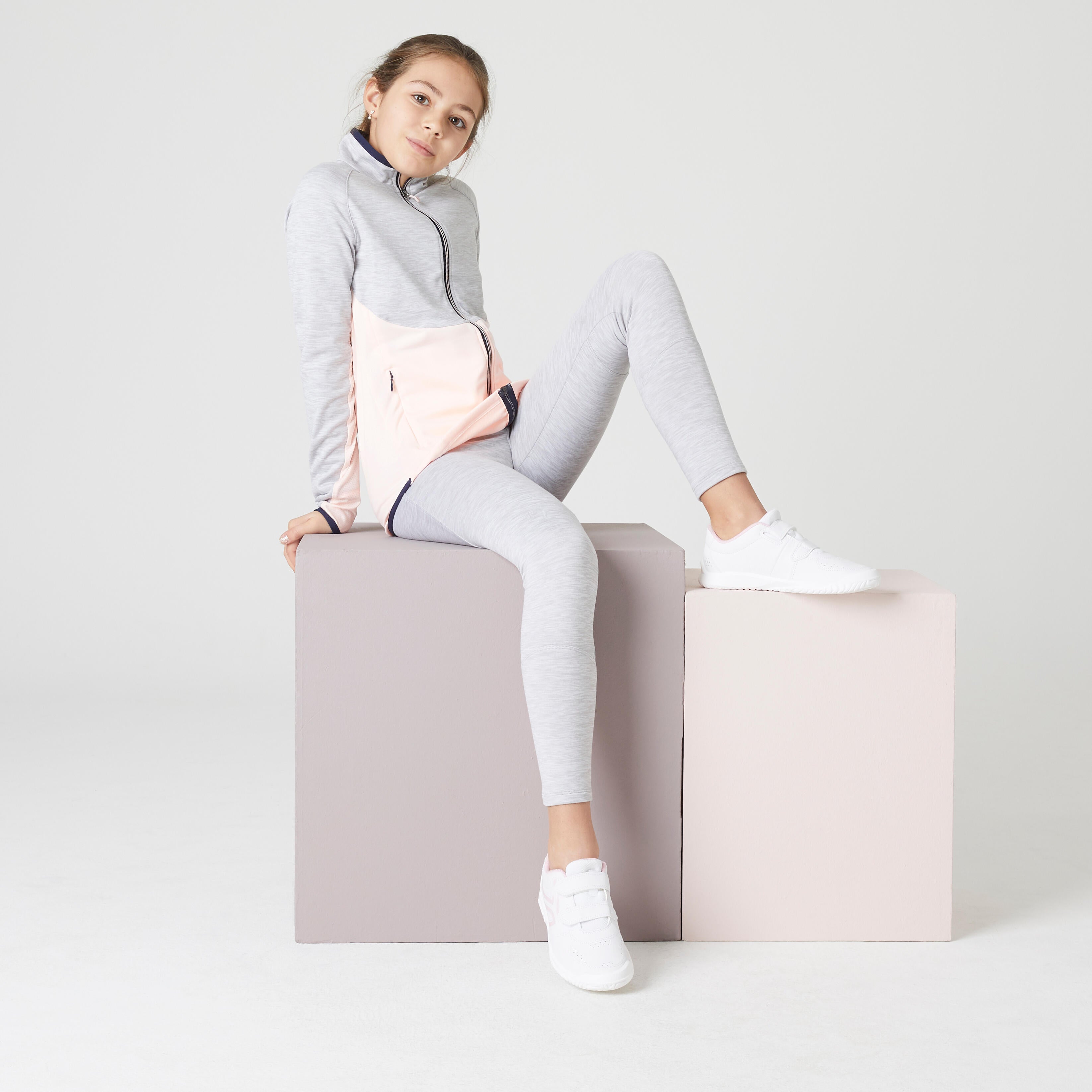 Tracksuit S500 kids heather gray/pink DOMYOS light grey/neon pastel salmon