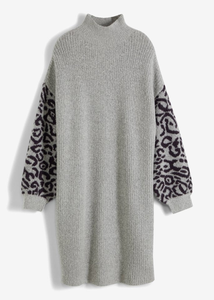 Oversized knit dress with Rainbow leopard print, gray