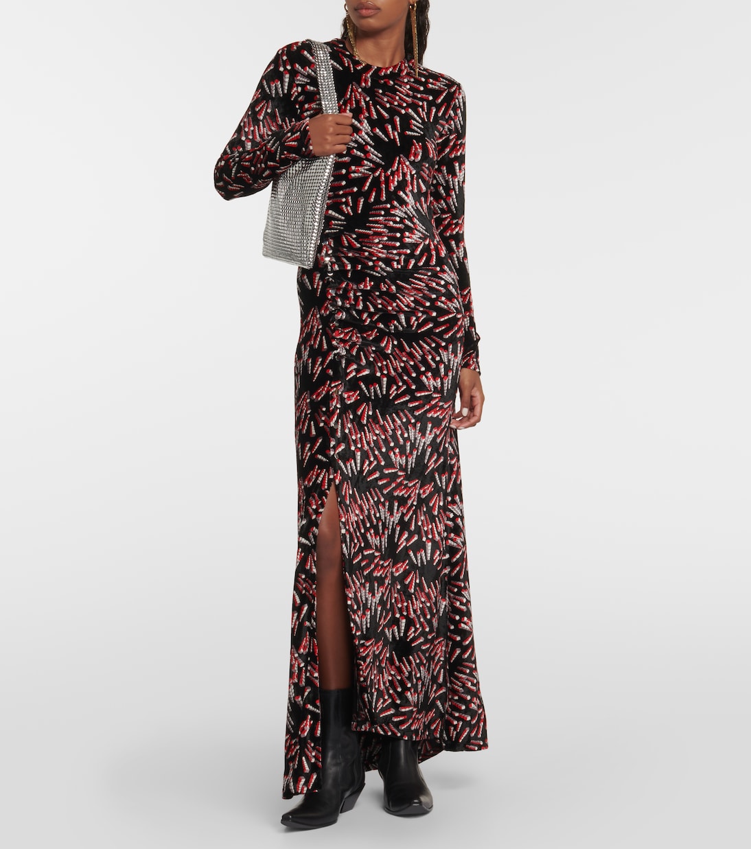 Velvet maxi dress with Rabanne print, multicolor