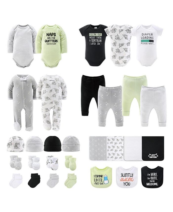 Newborn Layette Gift Set for Boys and Girls, Green Funny Basics 30 Essential Items, The Peanutshell, multicolor