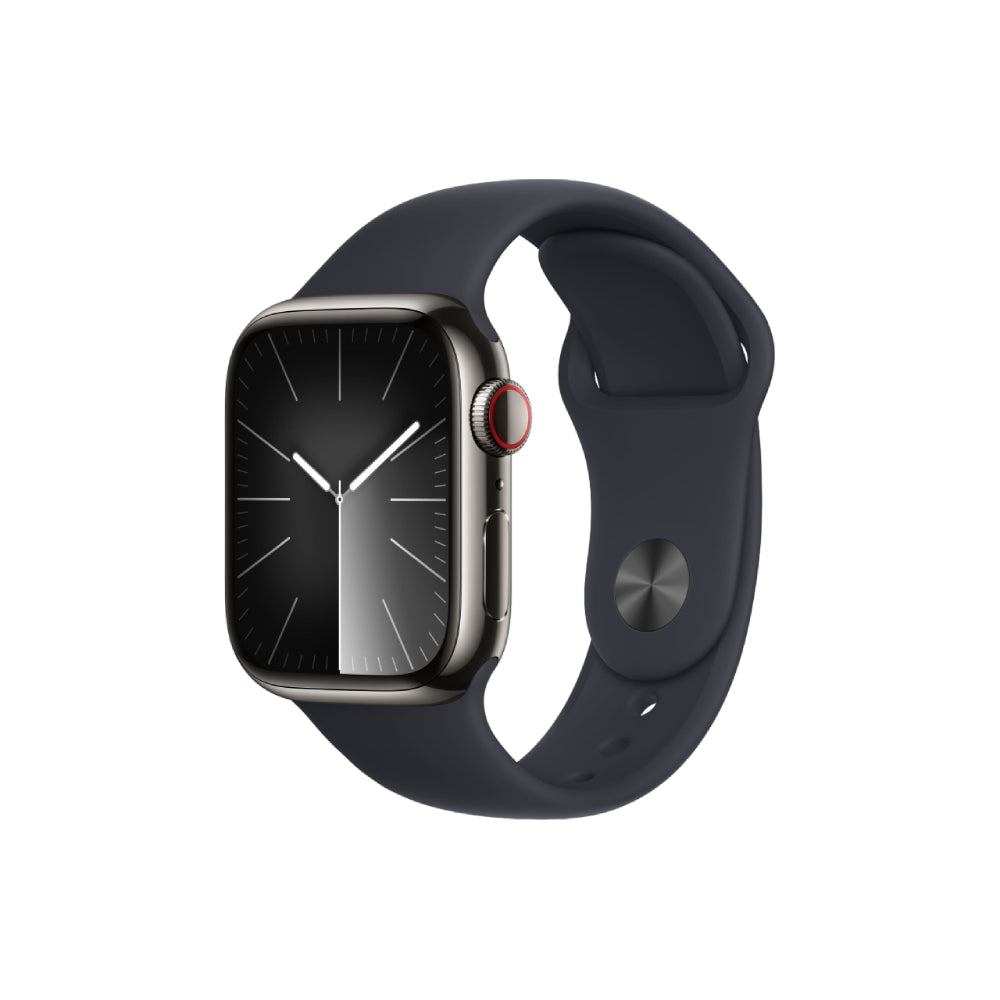 ساعة Apple Watch Series 9 (GPS+Cellular)، 41 مم، هيكل من الفولاذ المقاوم للصدأ باللون الرمادي/حزام رياضي بلون منتصف الليل - مقاس صغير/متوسط