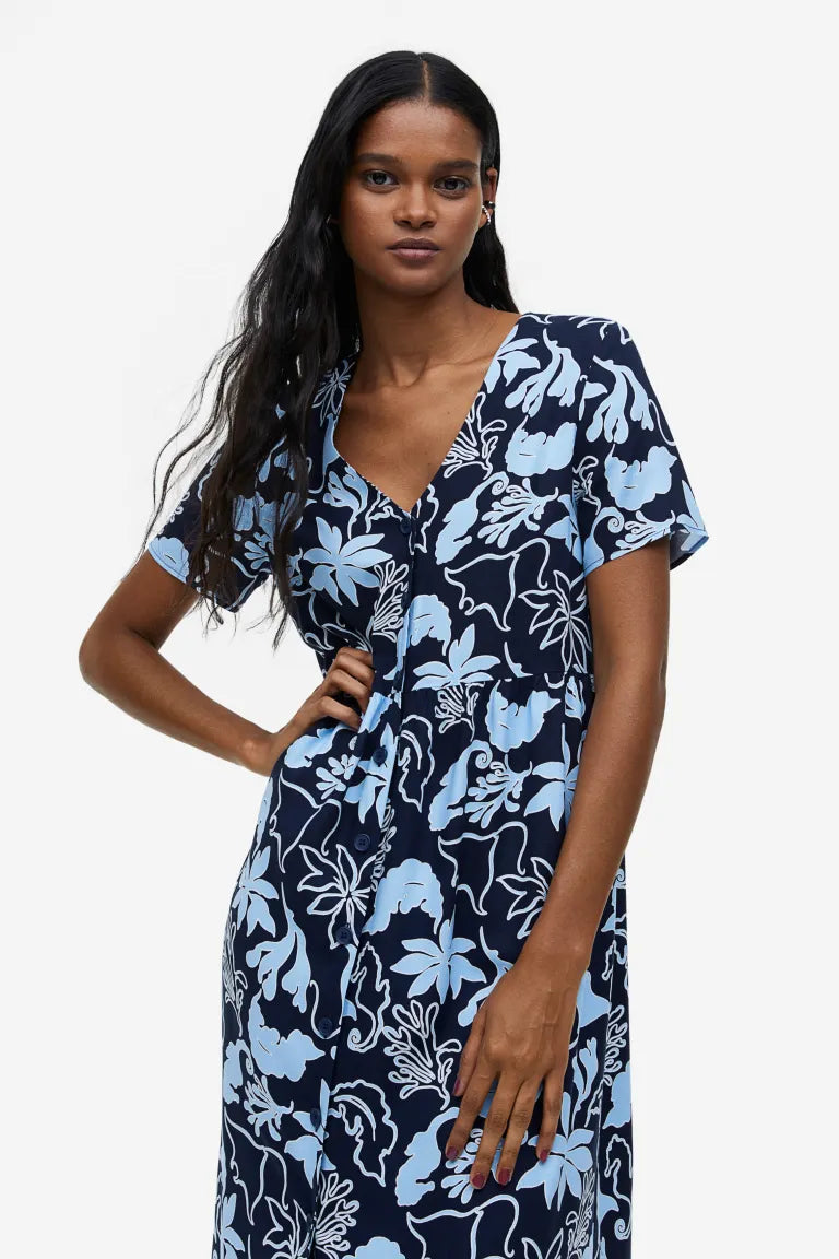 H&M button front dress, navy/patterned