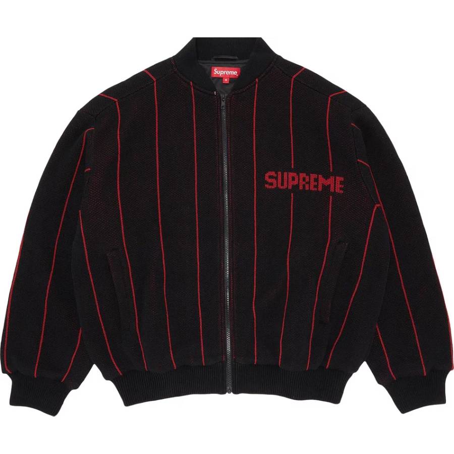 Supreme Pinstripe Varsity Zip Up Jacket, black