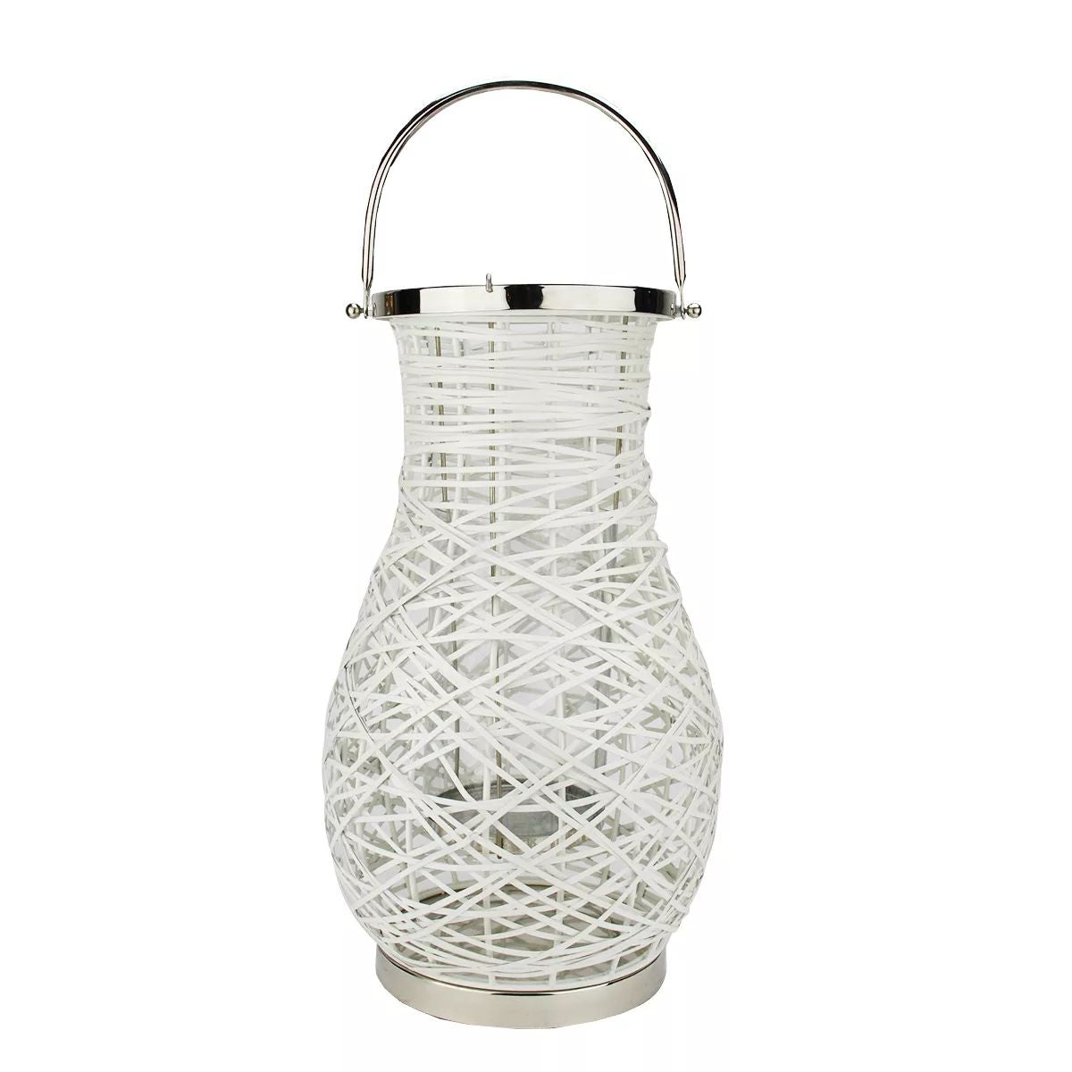 18 5" Modern White Decorative Wicker Iron Lantern Post with Candle and Glass Hurricane