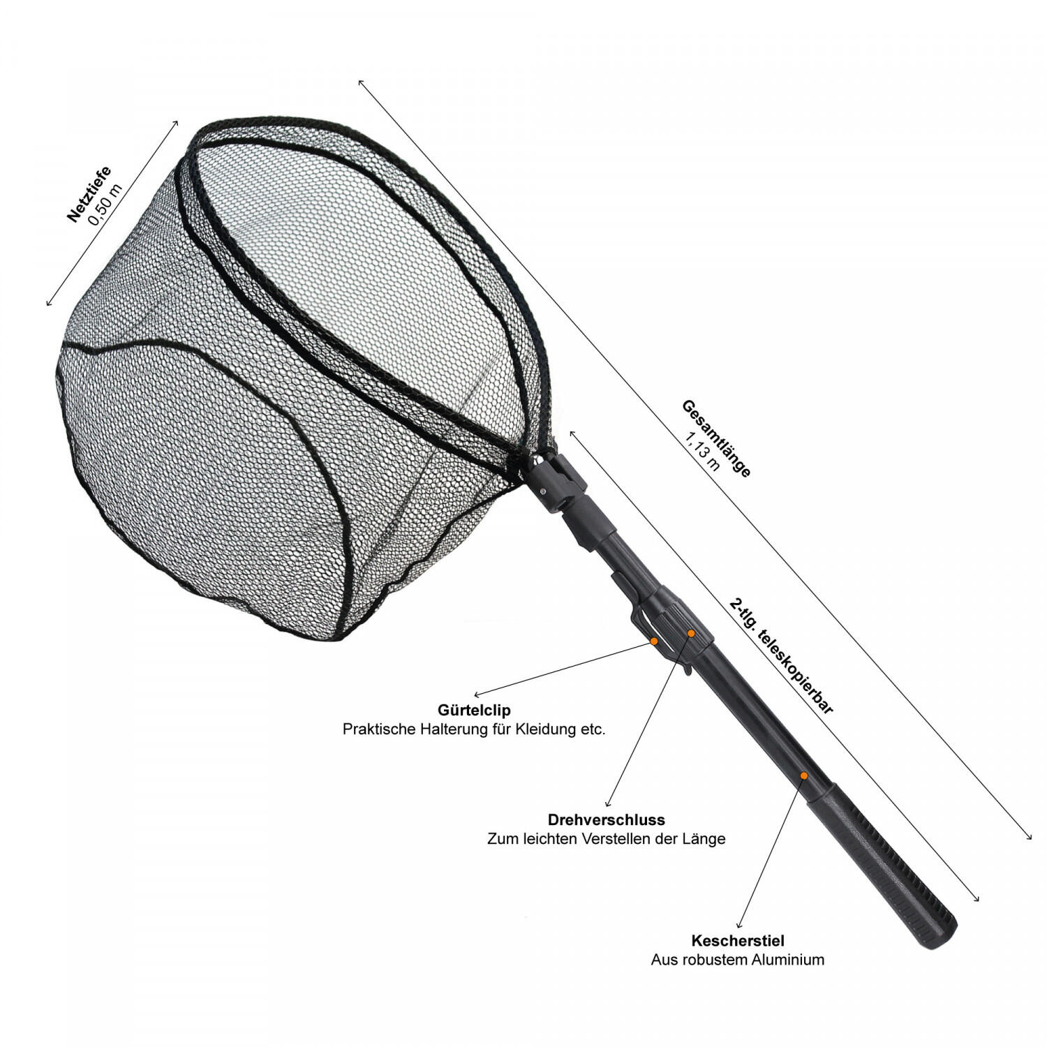 Spinning net for predatory fish, rubberized with one-handed mechanism 113cm ZITE black