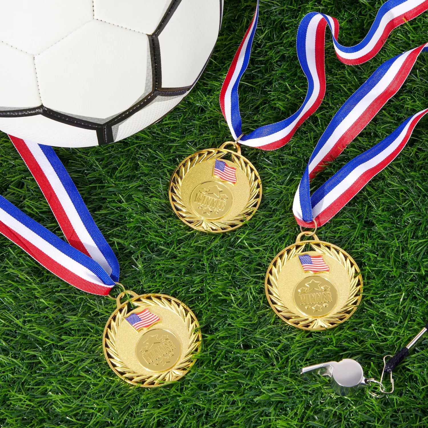 12 packs of winner's gold medals made of real metal 2 thick 75" for all ages with 15" tape American Flag Participation Awards for Juvale Sports Tournaments and Competitions