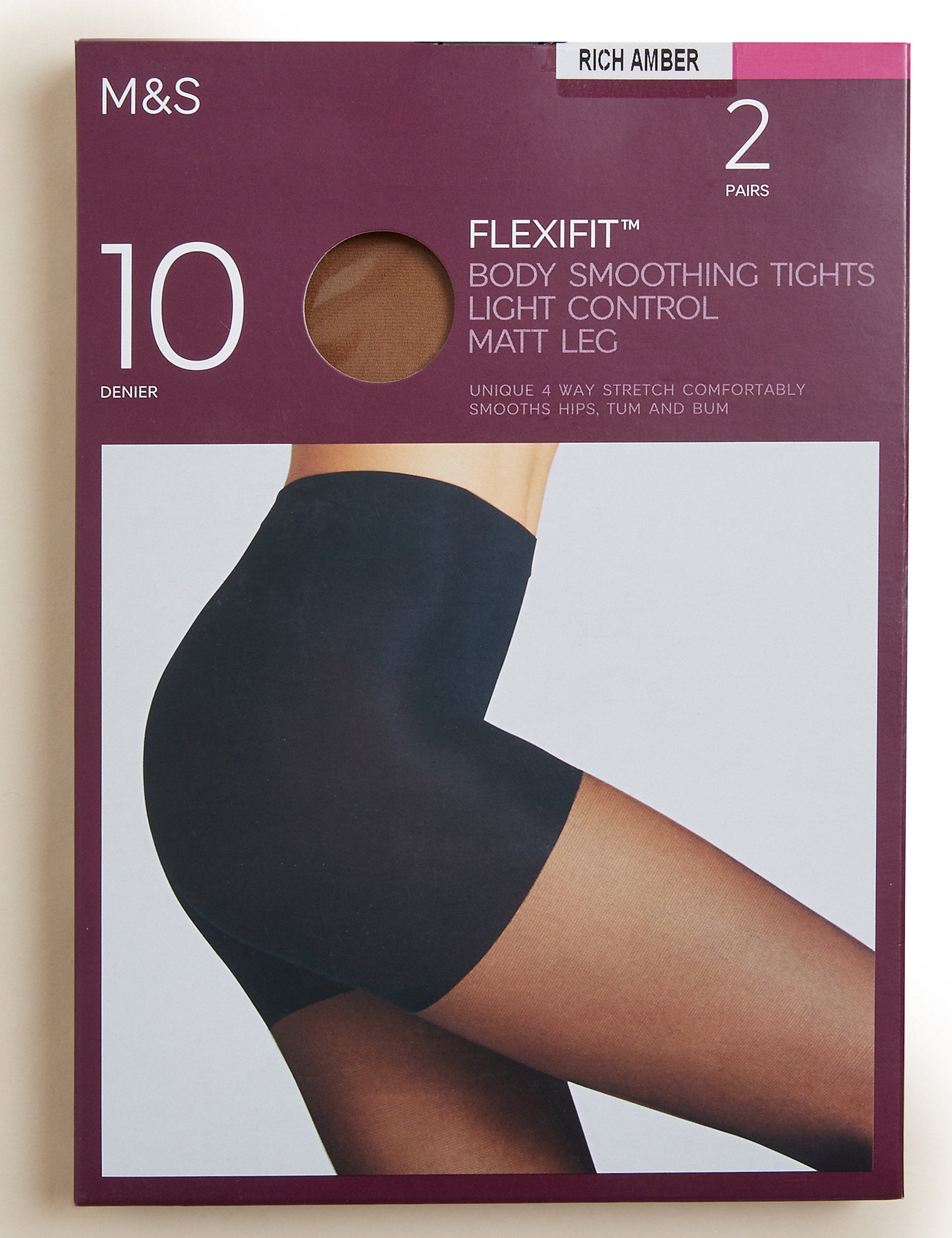 زوجان من الجوارب الضيقة الشفافة 10D Light Control Flexifit من Marks &amp; Spencer باللون العنبر الغامق