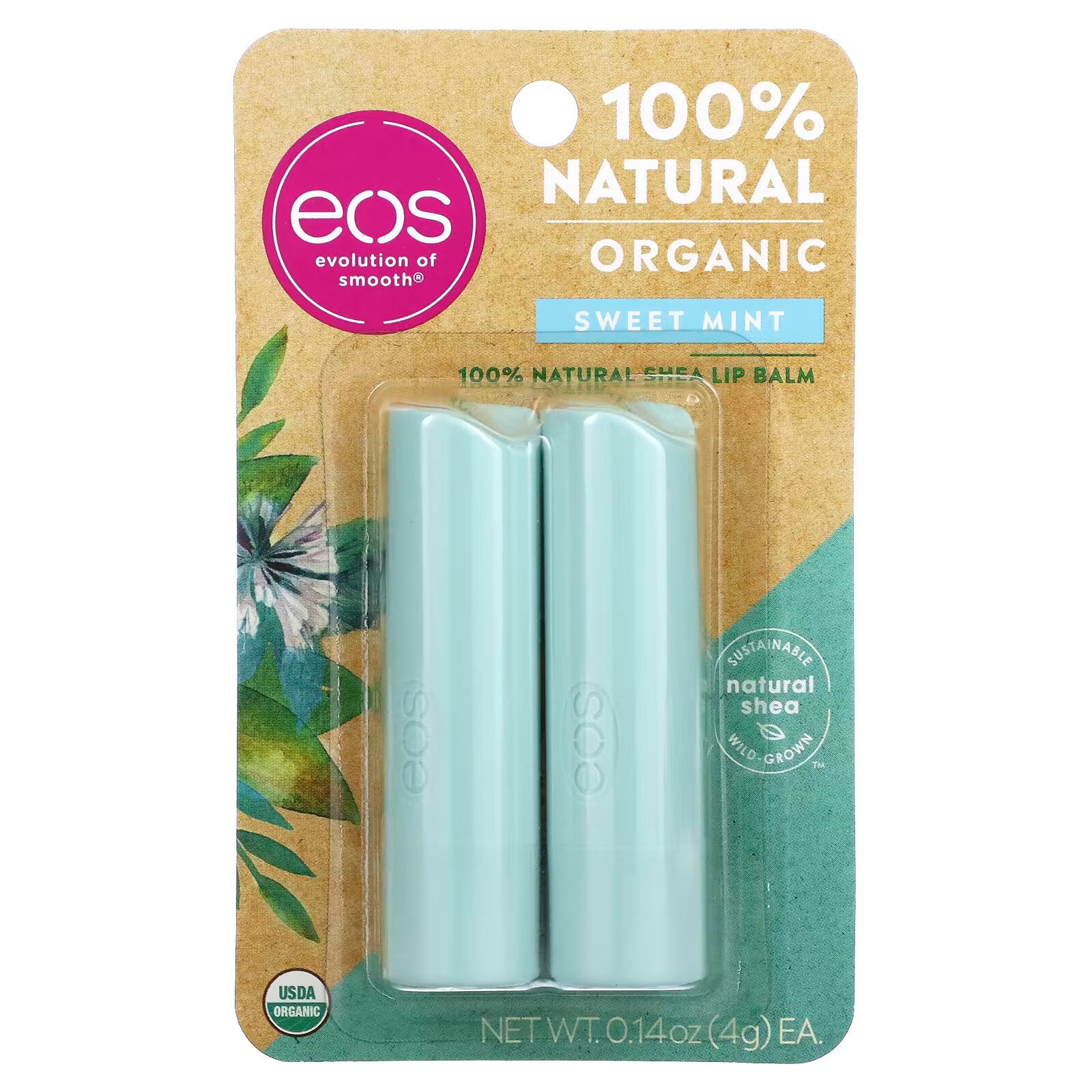 EOS, 100% Organic Natural Shea Butter Lip Balm, Sweet Mint 2 pcs . per pack, 4 g (0.14 oz)