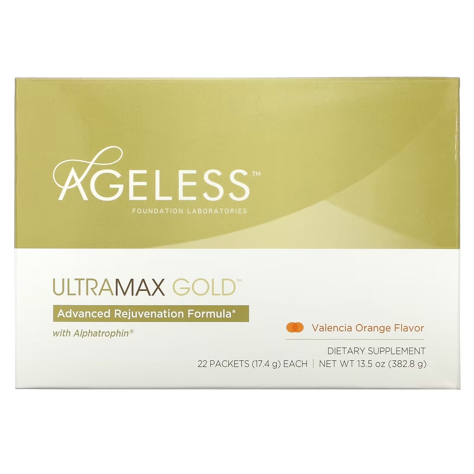 Ageless Foundation Laboratories UltraMax Gold advanced rejuvenation formula with alphatrophin orange flavor , 22 sachets