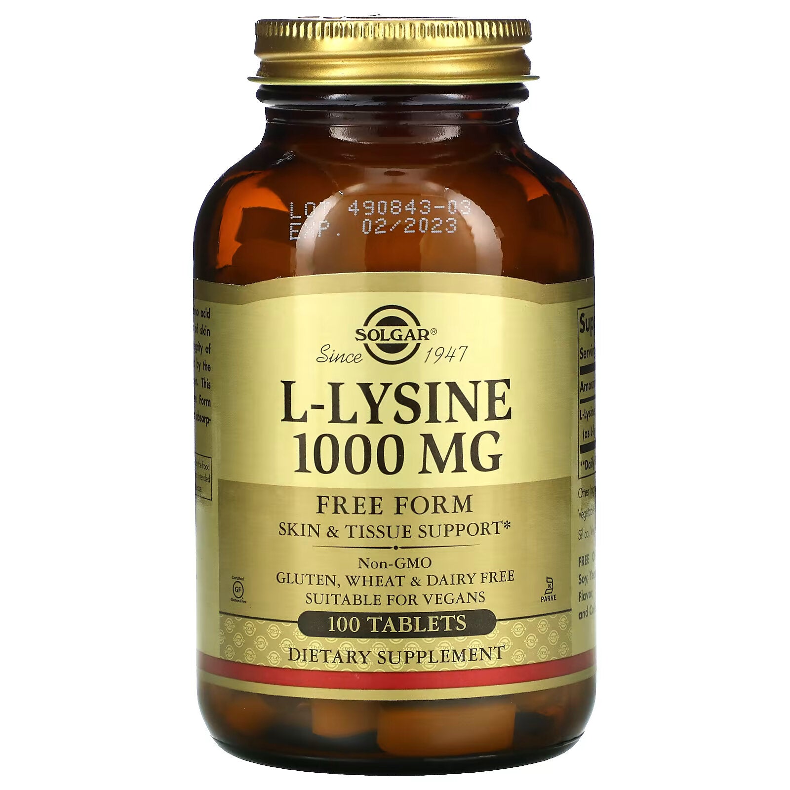 Solgar, L-Lysine, Free Form, 1000 mg, 100 Tablets