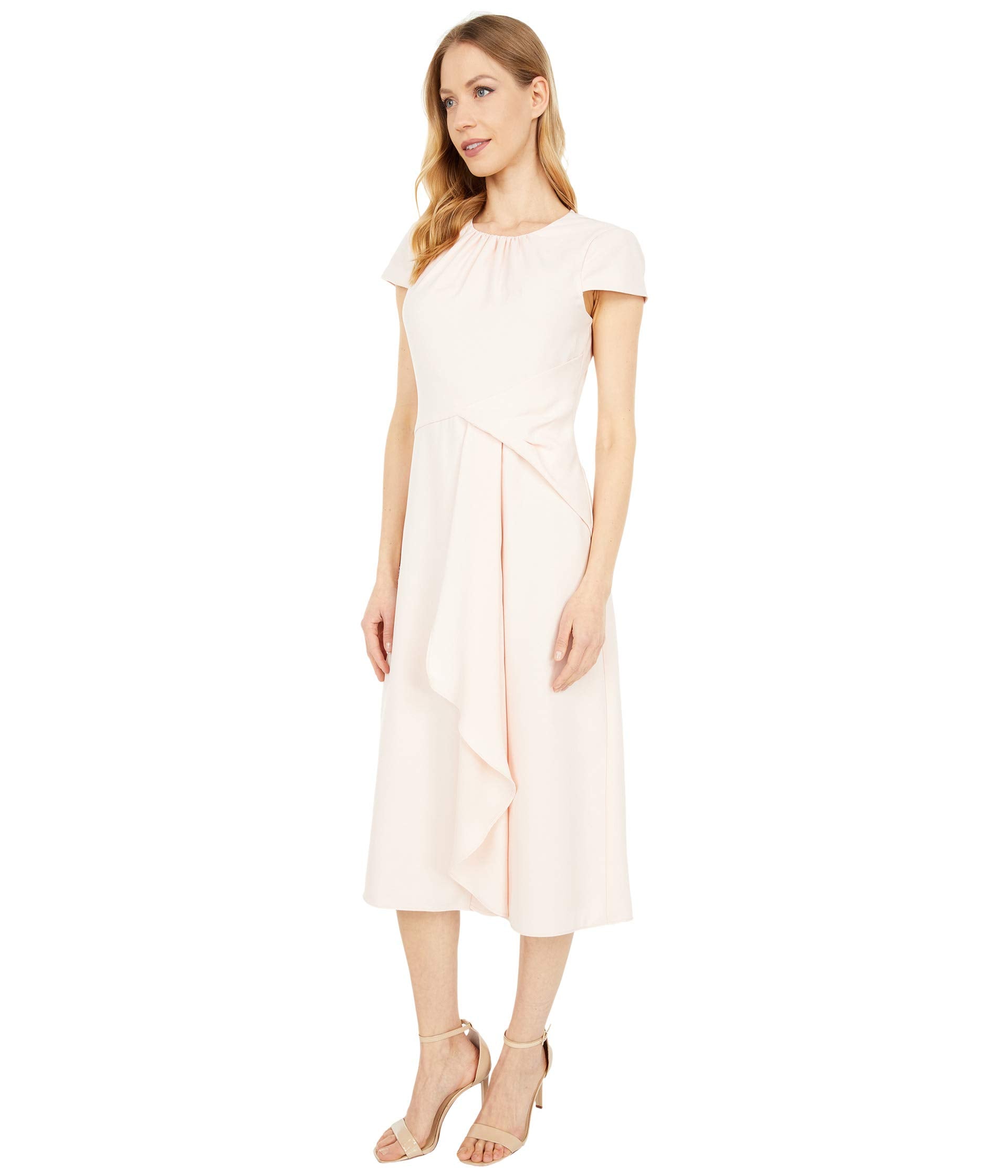 Vince Camuto Dress, Crepe Back Satin Cap Sleeve Shirring Neck Ruffle Midi