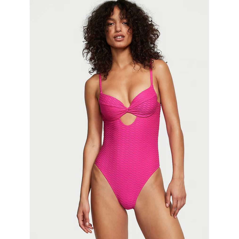 Victoria's Secret Swim Twist-Front Removable Push-Up One-Piece Fishnet Swimsuit, pink