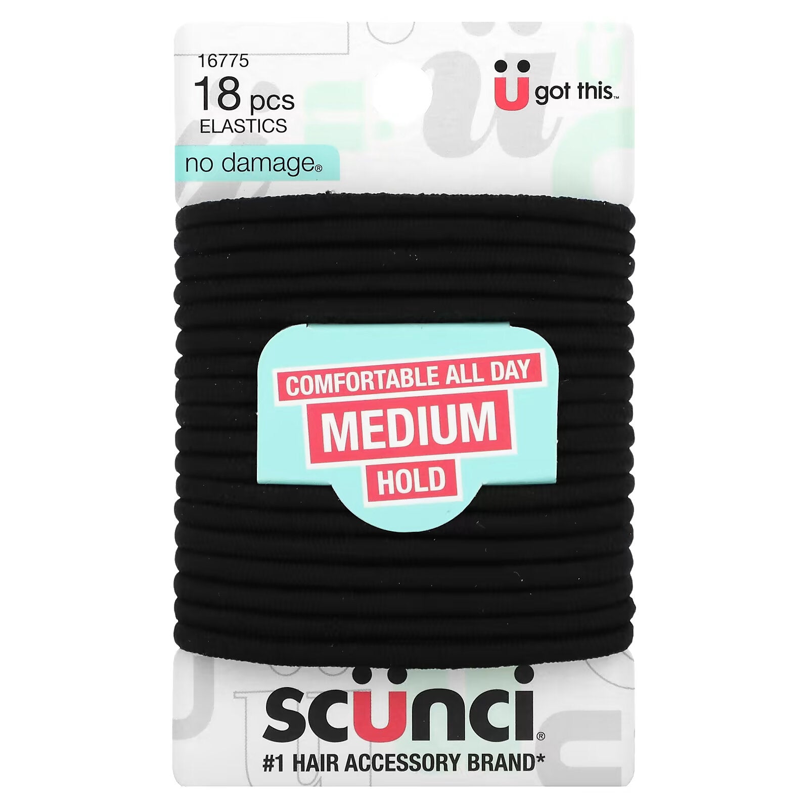 Scunci, No Damage Scrunchies, holds hair all day (medium hold) black, 18 pieces