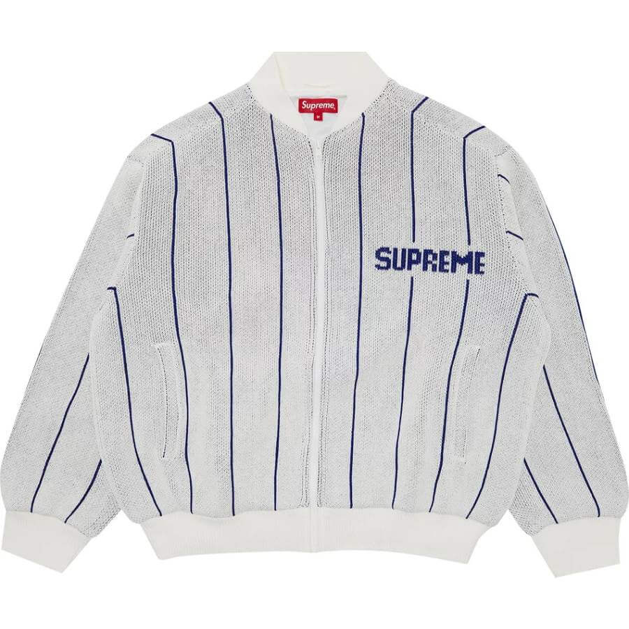 Supreme Pinstripe Varsity Zip Up Jacket, white