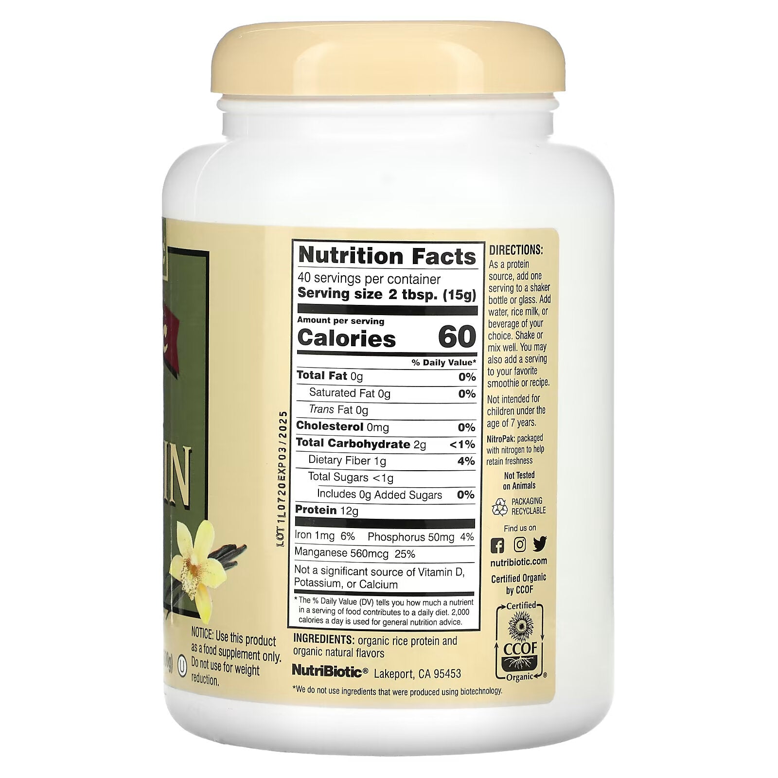 NutriBiotic, Raw Natural Rice Protein with Vanilla, 1.3 lbs (600 g)