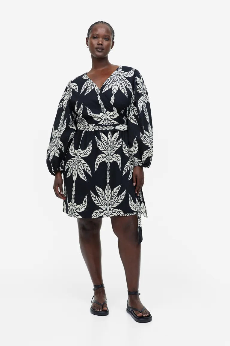 H&M Linen Blend Wrap Dress, Black/Palms