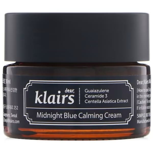 Night face cream with peptides and hyaluronic acid Dear, Klairs Midnight Blue Calming Cream 30 ml