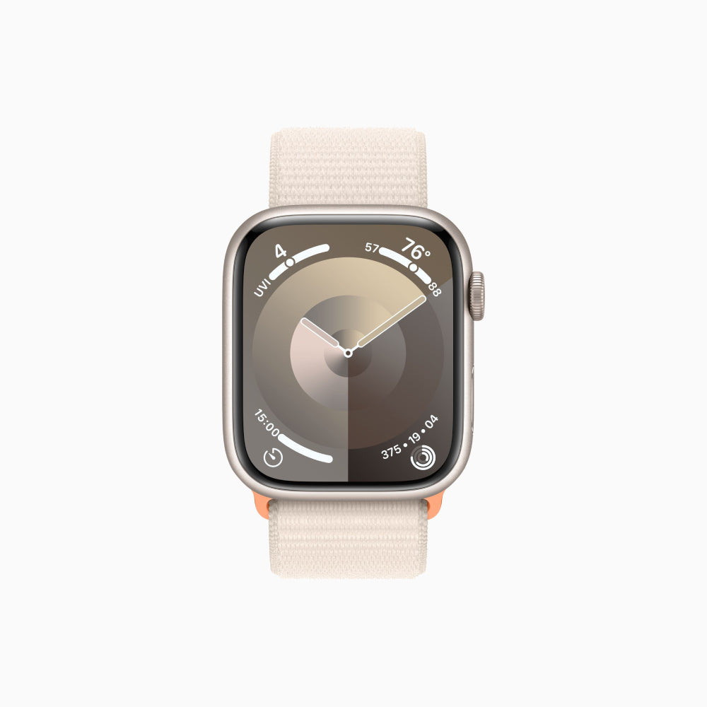 ساعة Apple Watch Series 9 (GPS)، مقاس 45 مم، هيكل من الألومنيوم Starlight/حزام رياضي Starlight - مقاس واحد