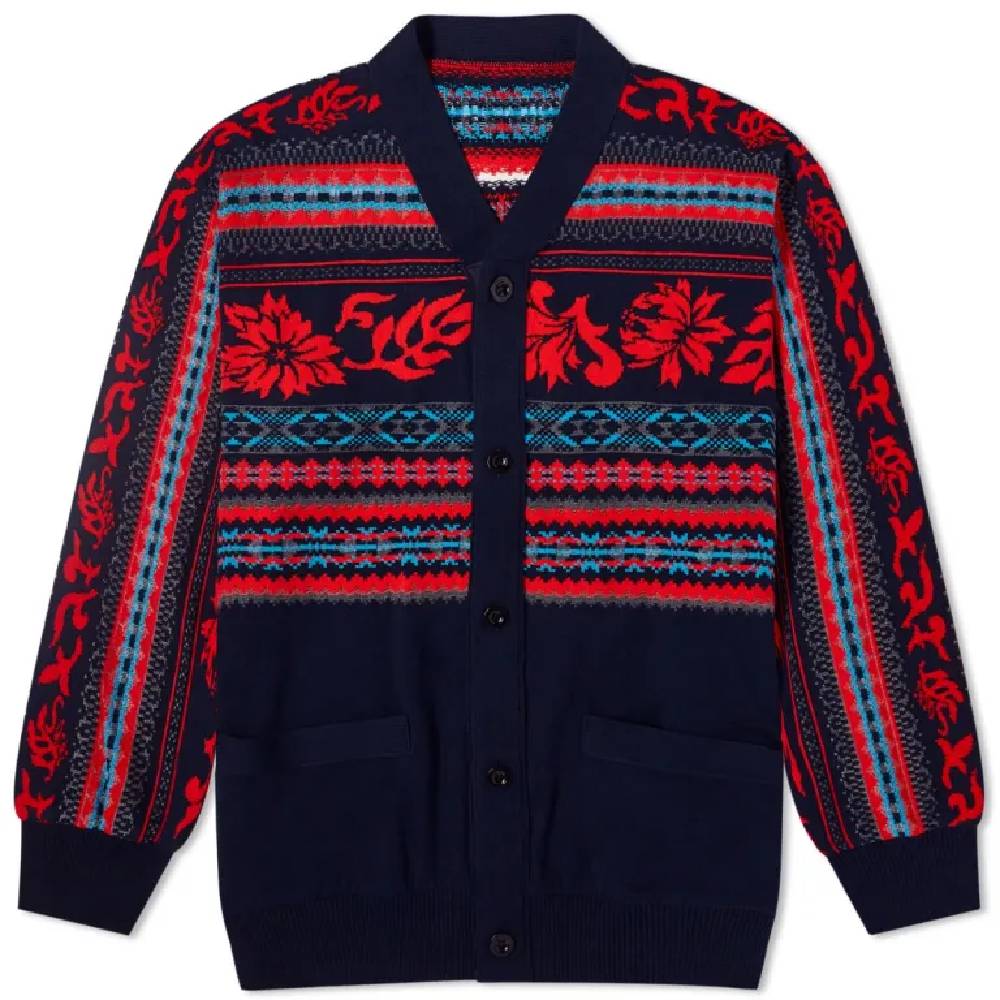 Sacai Floral Jacquard Cardigan, navy/red