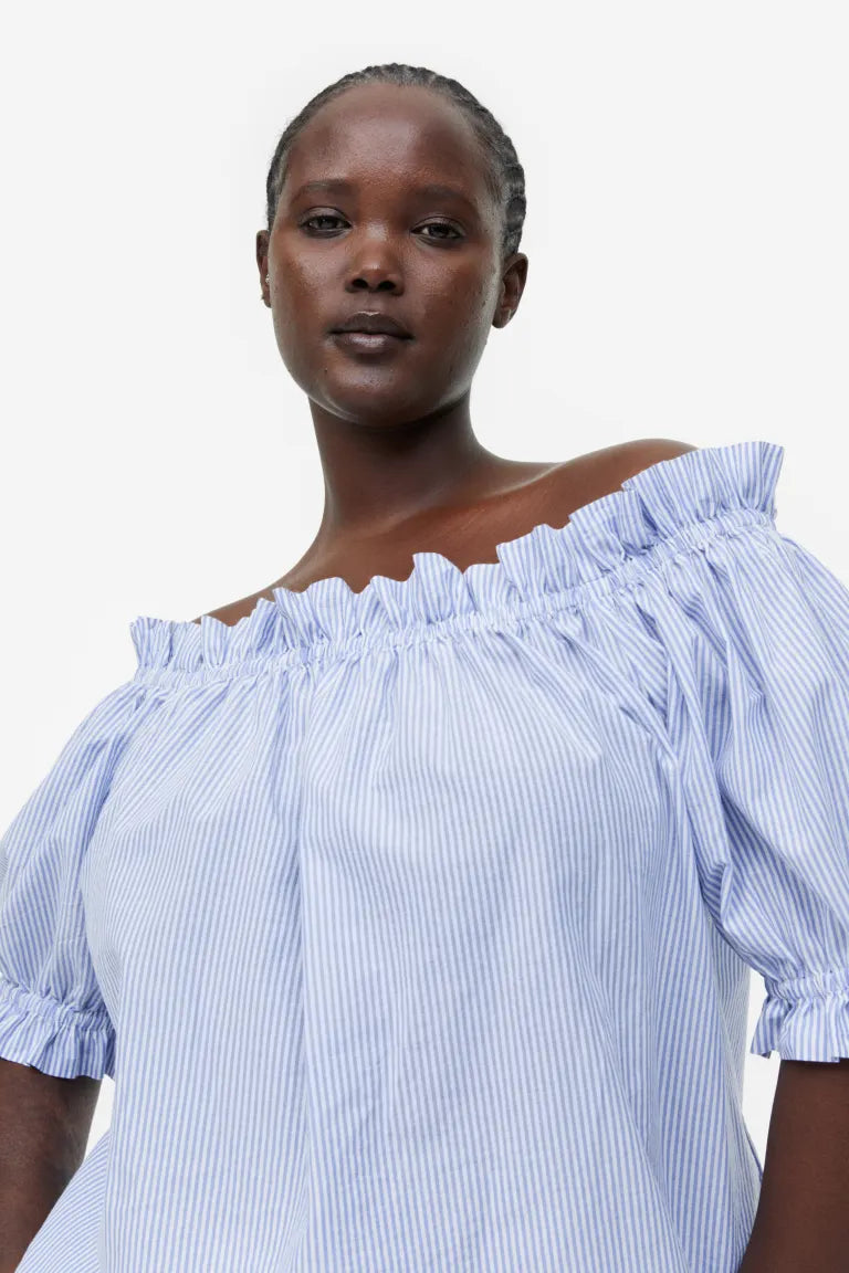 H&M Off Shoulder Ruffle Top, Blue/Striped