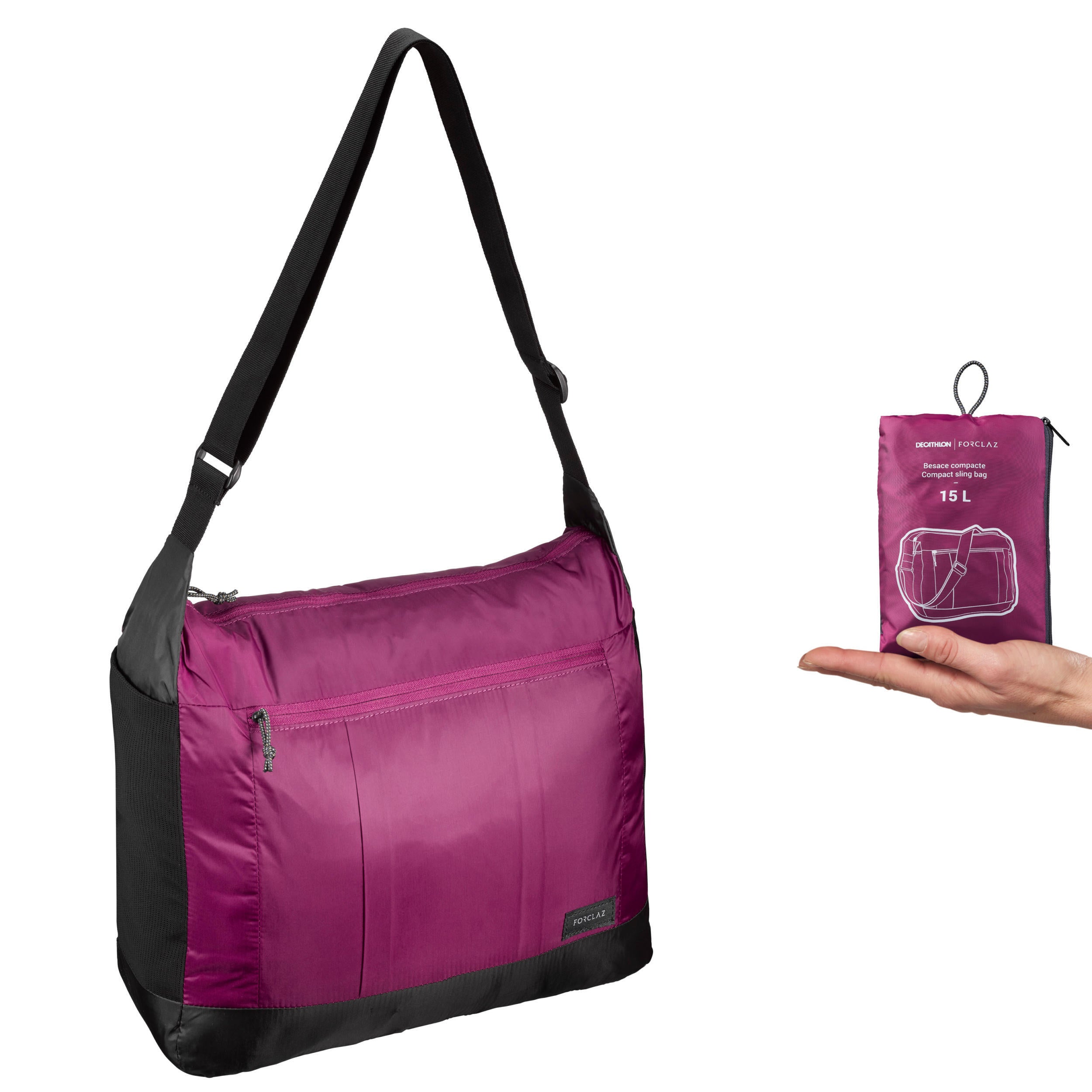 Compact backpacking shoulder bag Forclaz Travel 15 l, purple