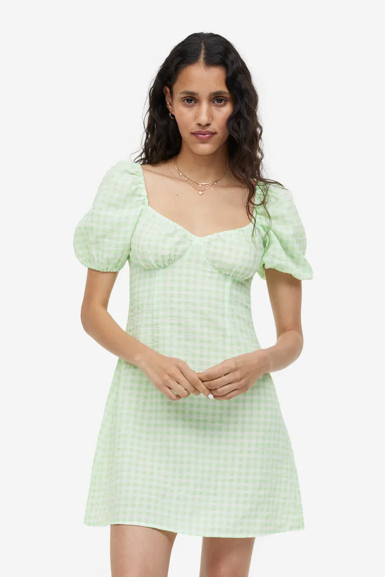 H&M Crepe Puff Sleeve Dress, Light Green/Checkered