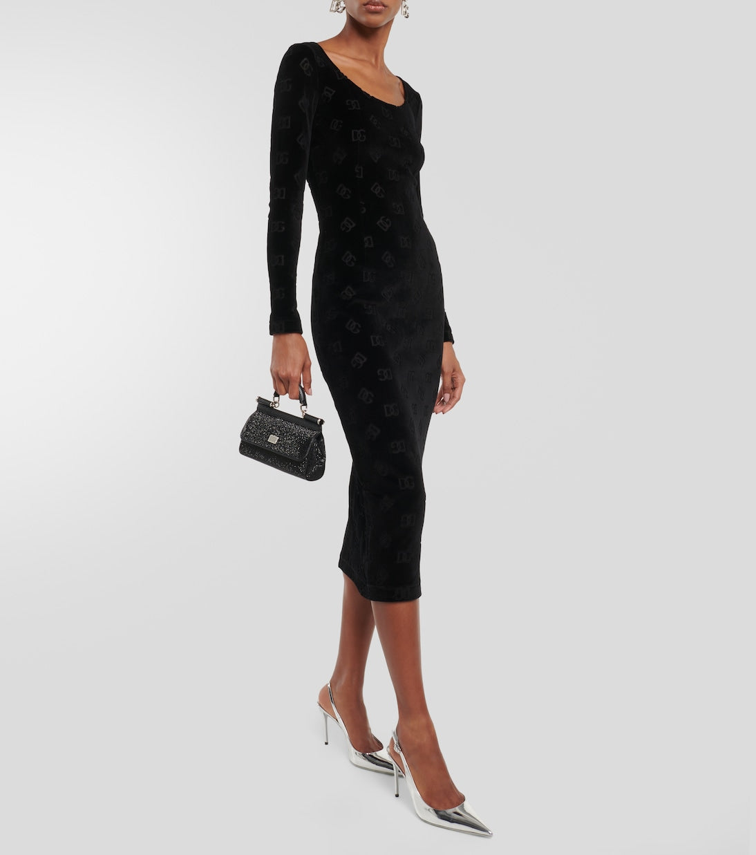 Velvet midi dress with Dolce&Gabbana logo, black