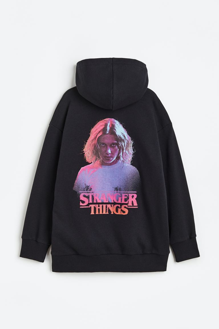 H&M Stranger Things Oversized Printed Zip-through Hoodie, black