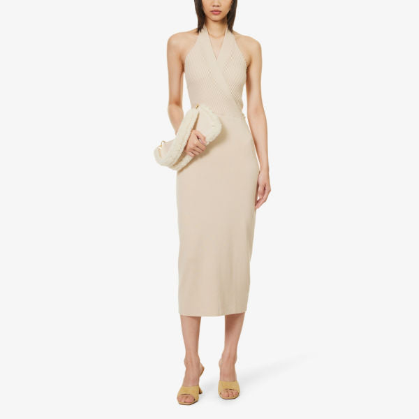 Amy Lynn Slim Knitted Midi Dress with Halter Neck, Beige