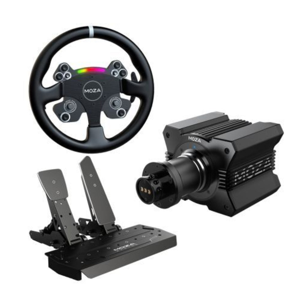 Moza R9 steering wheel, R9 steering wheel base + CS V2P steering wheel + 2 SR-P pedals, black