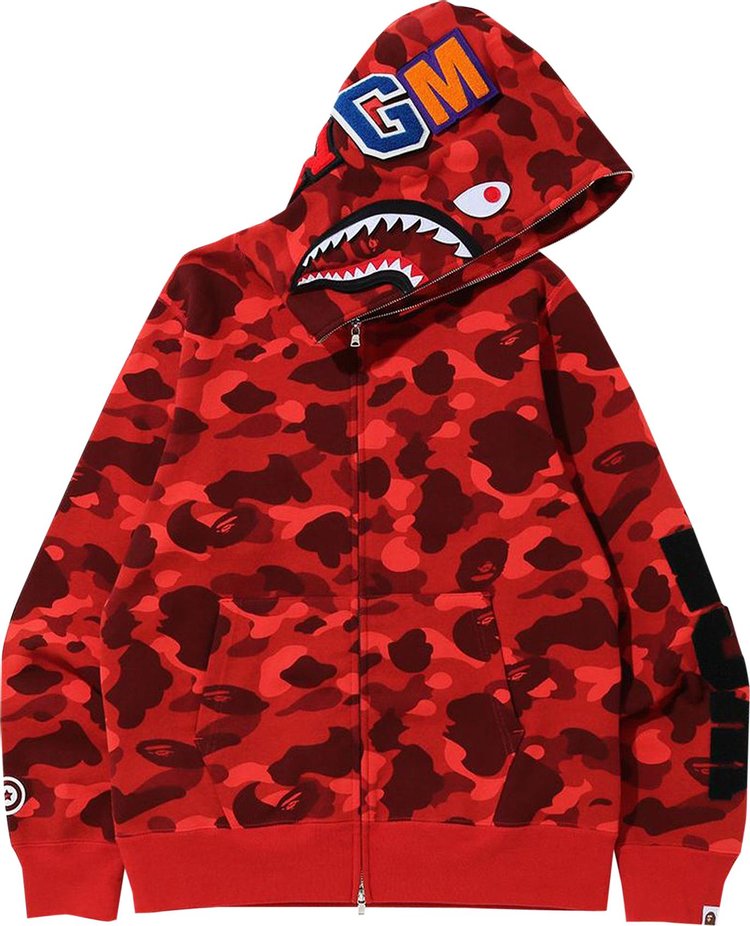 هودي بسحاب كامل قابل للفصل من BAPE Color Camo بطبعة سمكة قرش باللون الأحمر، أحمر